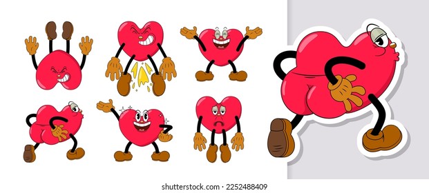 Set of comic red hearts characters in retro cartoon style on valentine day holiday. Cute comic hearts with funny faces emoticons in cartoon style for any life situation.