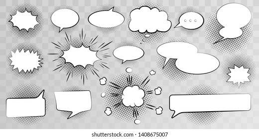 Set Comic speach bubble  and elements set with black halftone shadows on transparent background.Vector Comic cartoon sound bubble speech.