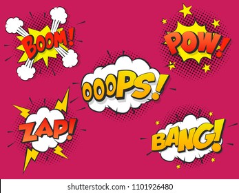 Set Comic speach bubble with prase Boom, Bang, Oops, Pow, Zap. Vector Comic cartoon sound bubble speech.