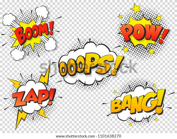 Set Comic speach
bubble with prase Boom, Bang, Oops, Pow, Zap. Vector Comic cartoon
sound bubble speech.