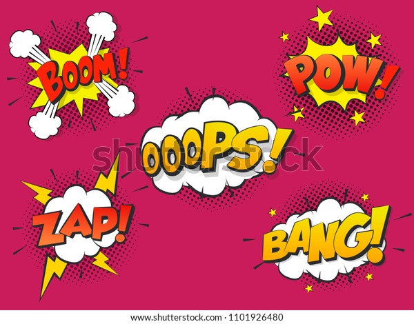 Set Comic speach\
bubble with prase Boom, Bang, Oops, Pow, Zap. Vector Comic cartoon\
sound bubble speech.