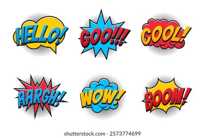 Set of comic speech bubble with text expression collection. comics pop art style with halftone isolated on white background