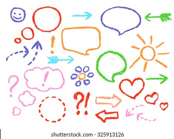 Set of comic speech bubbles and arrows. Colorful pastel chalk crayon hand drawn design elements, vector.