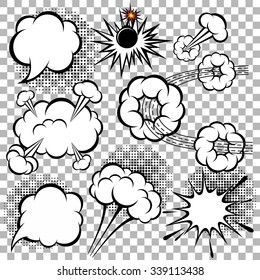 Set comic speech bubbles burst boom colorless background, artist, bomb, splash, vector illustration