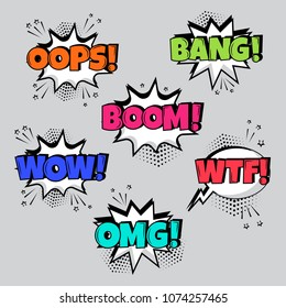 Set of comic speech bubbles with different emotions and Boom, Wow, Wtf, Bang, Oops words. Vector illustration.