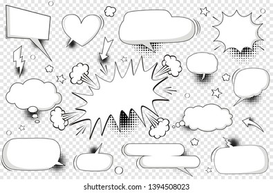 A set of comic speech bubbles and elements with halftone shadows