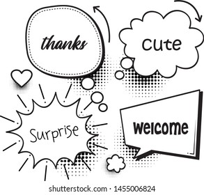 A set of comic speech bubbles and elements with halftone shadows. Comic book speech bubble cartoon word thanks, cute, surprise, welcome