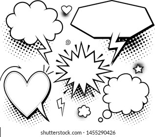 A set of comic speech bubbles and elements with halftone shadows
