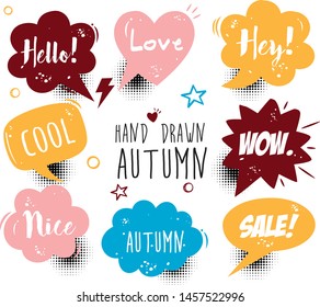 A set of comic speech bubbles and elements with halftone shadows