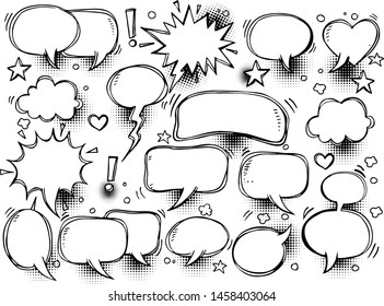 A set of comic speech bubbles and elements with halftone shad