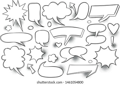 A set of comic speech bubbles and elements with halftone shadows