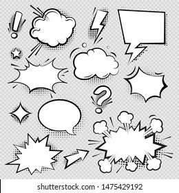 Set of comic speech bubbles and elements with halftone shadow effect in transparent background. Comic bubble collection word empty set design. Word bubbles, retro comic shapes. Think and speak clouds