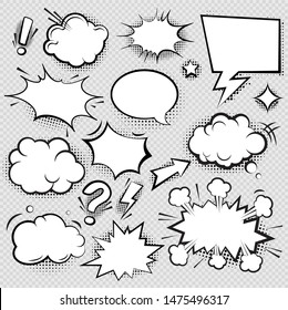 Set of comic speech bubbles and elements with halftone shadow effect in transparent background. Comic bubble collection word empty set design. Word bubbles, retro comic shapes. Think and speak clouds