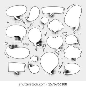 A set of comic speech bubbles and elements with halftone shadows