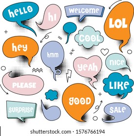 A set of comic speech bubbles and elements with halftone shadows.comic book speech bubble cartoon word hello,nice,like,welcome,surprise,good,sale