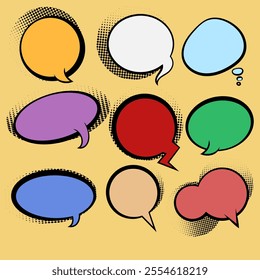 set of comic speech bubbles and elements balloon communication message set with black halftone shadows pop art style on isolated background