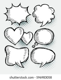 A set of comic speech bubbles and elements with halftone shadows.