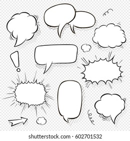 Set of comic speech bubbles and elements with halftone shadows. Cartoon style. Vector illustration in black and white.