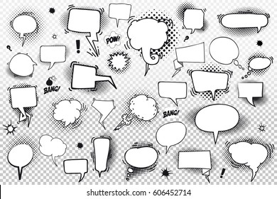 Set of comic speech bubbles and elements with halftone shadows. Vector illustration. Isolated on transparent background
