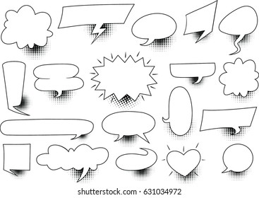 A set of comic speech bubbles and elements with halftone shadows.