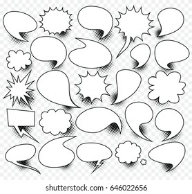 A set of comic speech bubbles and elements with halftone shadows