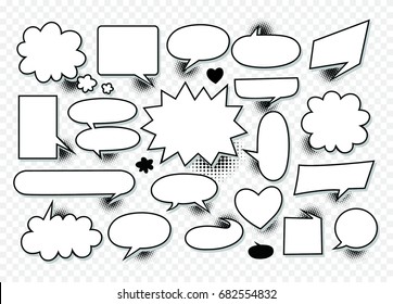 A set of comic speech bubbles and elements with halftone shadows.