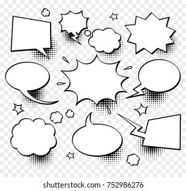 A set of comic speech bubbles and elements with halftone shadows