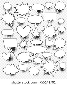 A set of comic speech bubbles and elements with halftone shadows
