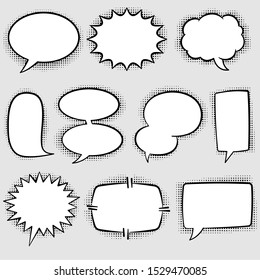 Set of comic speech bubbles. Empty comic speech ballons and elements in retro vintage and pop art style. Speech bubbles with halftone shadow.