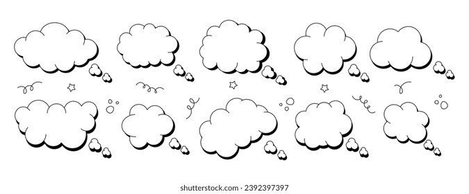 Un conjunto de burbujas de la expresión cómica en forma de nube. Burbuja de la conversación. Colección a mano de burbujas de habla nubladas. Ilustración vectorial moderna.