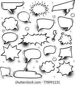 A set of comic speech bubbles with halftone shadows