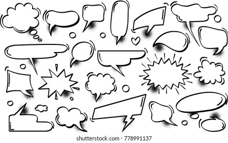 A set of comic speech bubbles with halftone shadows