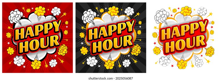 Set of comic speech bubbles, like an explosion, with phrase Happy Hour. Catering establishments advertisement. Bright cartoon design in retro pop art style with halftone effect. Vector illustration. 