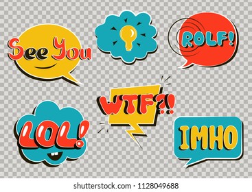 Set of comic speech bubbles on a transparent background. Pop art objects. Expressions LOL, See You, ROLF, WTF, IMHO, Idea. Vector illustration.