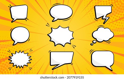 Set of Comic Speech Bubbles on Yellow Pop Art Background. Collection Empty Retro Bubbles with Halftone. Cartoon Speech Balloons for Chat, Dialog, Text Message. Isolated Vector Illustration.