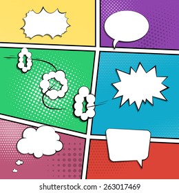 Set Of Comic Speech Bubbles On Colorful Halftone Background. Vector Illustration