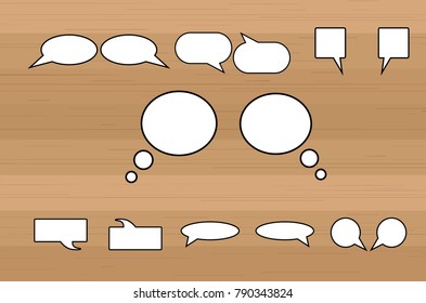 Set of comic speech bubbles on wooden texture background. Vector illustration. 
