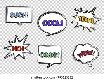 Set of comic speech bubbles on a transparent background. Pop art objects. Cool! Wow! No! Ouch! Yeah! OMG! Vector illustration.