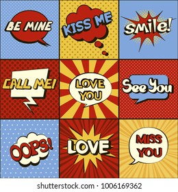 Set of comic speech bubbles. Pop art objects. Expressions Smile!, Love you, Call me, See you, Miss you, Love, Be mine, Kiss me, Oops! Traditional colors of retro comics. Vector illustration.