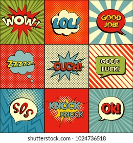 Set of comic speech bubbles. Pop art objects. Expressions SOS, Ok, LOL, WOW, Knock Knock, Ouch, Zzzzz, Good job, Good luck. Vector illustration.