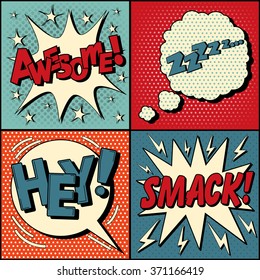 Set of Comic Speech Bubbles in Pop Art Style. Expressions Awesome, Hey, Smack, Zzz. Vector illustration