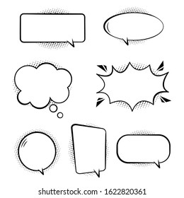 Set of comic speech bubbles. Retro empty bubbles with black halftone shadows on transparent background. Effects in pop art style. White set bubbles for talk and message. Isolated fun balloons. Vector.