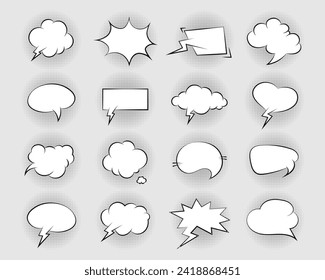 Set of comic speech bubbles. Retro empty comic bubbles with black halftone shadows. Vintage design, pop art style. Vector