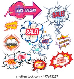 Set of comic speech bubbles with sale offers at explosive clouds of different shape isolated vector illustration