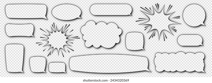 Conjunto de burbujas de voz cómica con efecto de semitono de sombra en forma de nube, rectángulo, mancha con espacio vacío para el texto. Ilustración vectorial en estilo retro sobre un fondo transparente como un PNG.