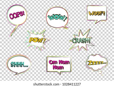 Set of comic speech bubbles. Transparent background. Pop art objects. OOPS! Wow! Zzzzz... Crash! Shhh... Pow! Woof! Om nom nom. Vector illustration.