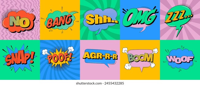 Set of comic speech bubbles in trendy pop art style.