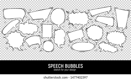 Set of comic speech bubbles. Vector Illustration and graphic elements. Hand drawn different shapes. Speech bubbles in rectangle, circle, oval, cloud, square, explosion forms.