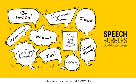 Set of comic speech bubbles. Vector Illustration and graphic elements. Hand drawn different shapes. Speech bubbles in rectangle, circle, oval, cloud, square, explosion forms.