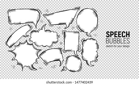 Set of comic speech bubbles. Vector Illustration and graphic elements. Hand drawn different shapes. Speech bubbles in rectangle, circle, oval, cloud, square, explosion forms.